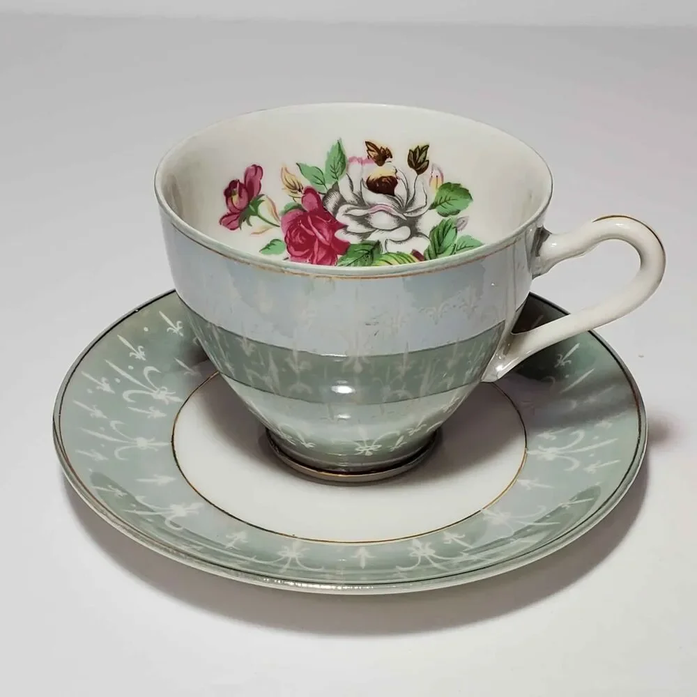 Fleur De Lis Teacup and Saucer Floral Vintage